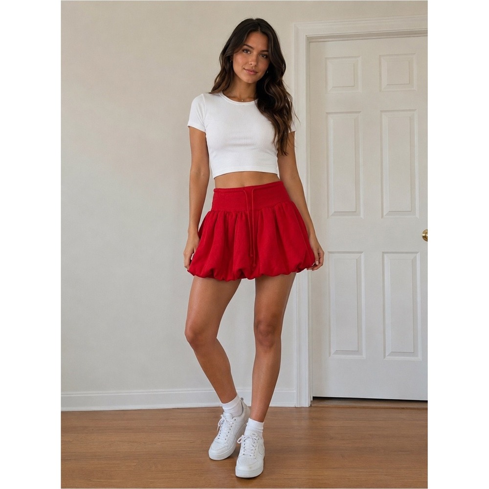 Zara Red Bubble Mini Skirt High Waist Drawstring Sweatshirt Skort Small NWOT